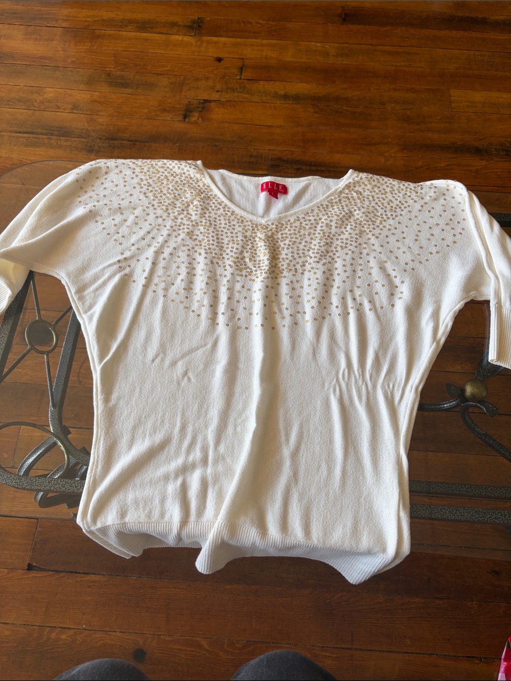 Elle White V-Neck Short Sleeve Top with Gold Stud Accents